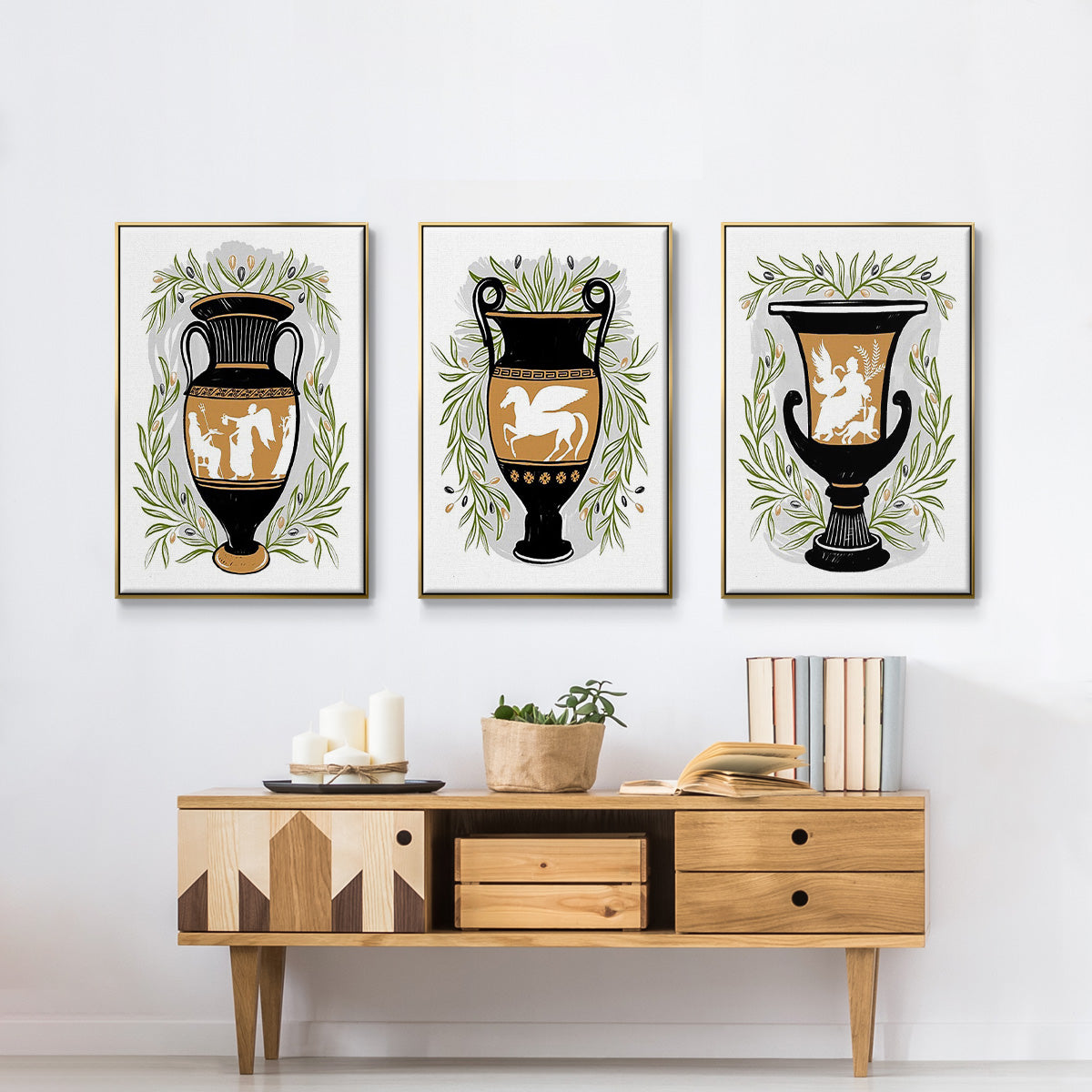 Greek Vases I - Framed Premium Gallery Wrapped Canvas L Frame 3 Piece Set - Ready to Hang