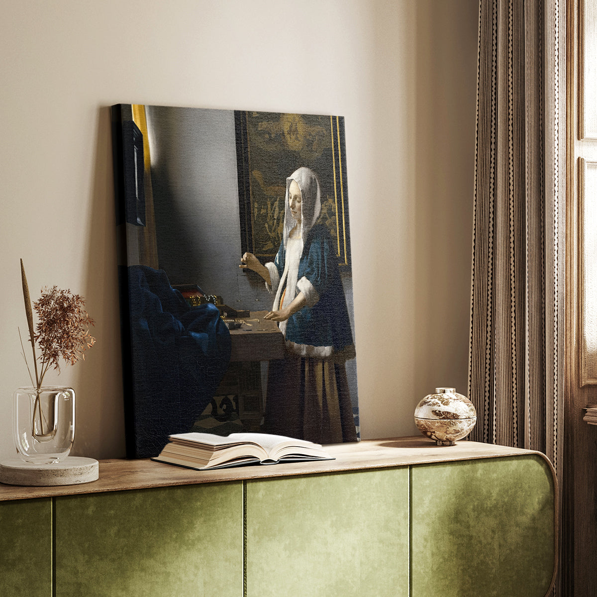 Canvas art print of a composed figure with delicate gesture and calm expression styled in a home decor setting.
