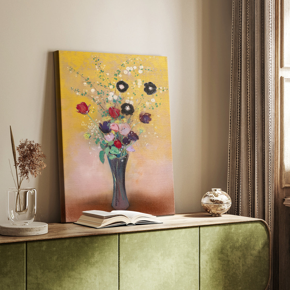 Canvas art print of a gentle floral arrangement with muted tones and smooth texture styled in a home decor setting.