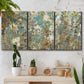 Three-panel canvas wall art featuring abstract flowering vine pattern, displayed in a boho-chic entryway above a console table.