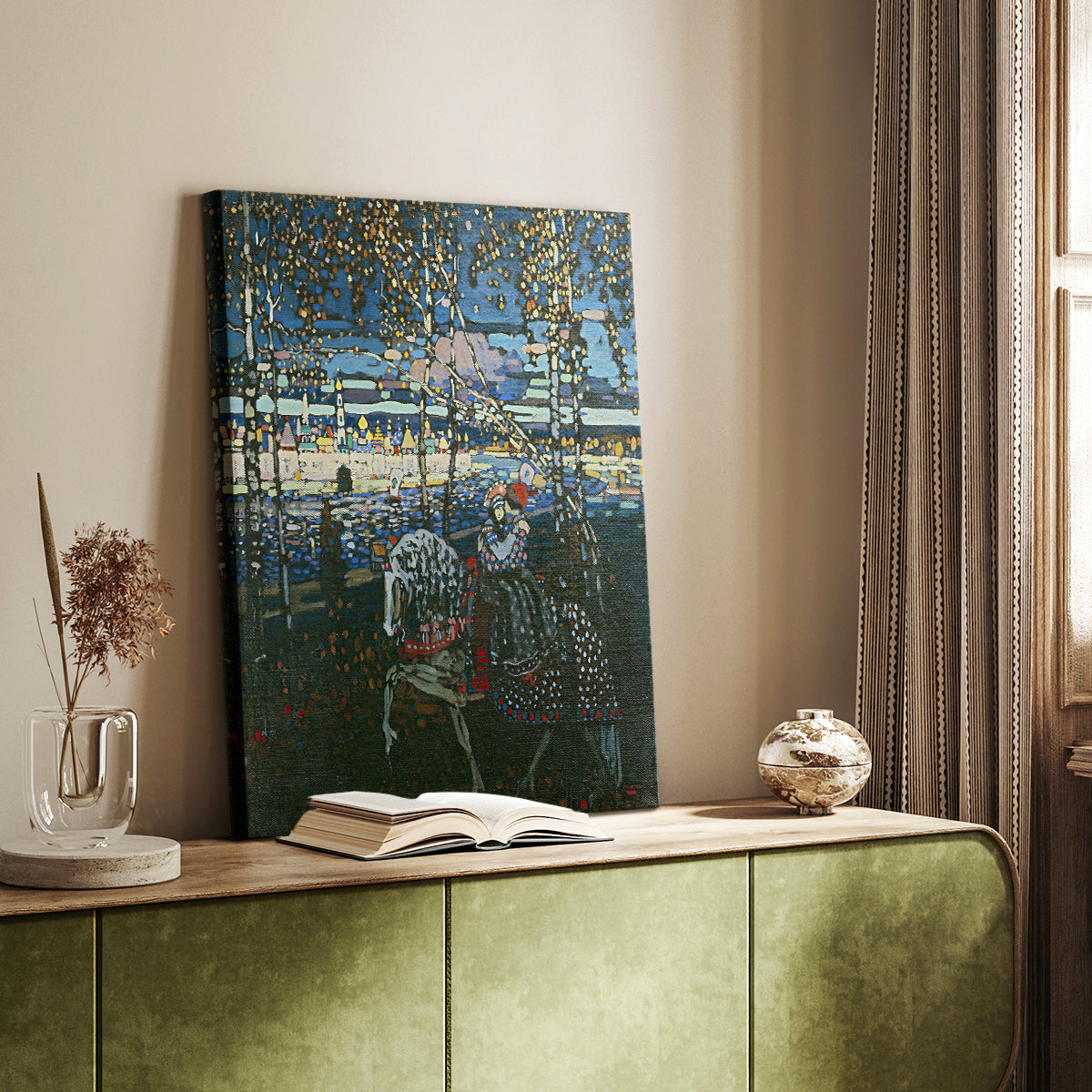 Canvas art print of a stylized composition with figures and gentle movement styled in a home decor setting.
