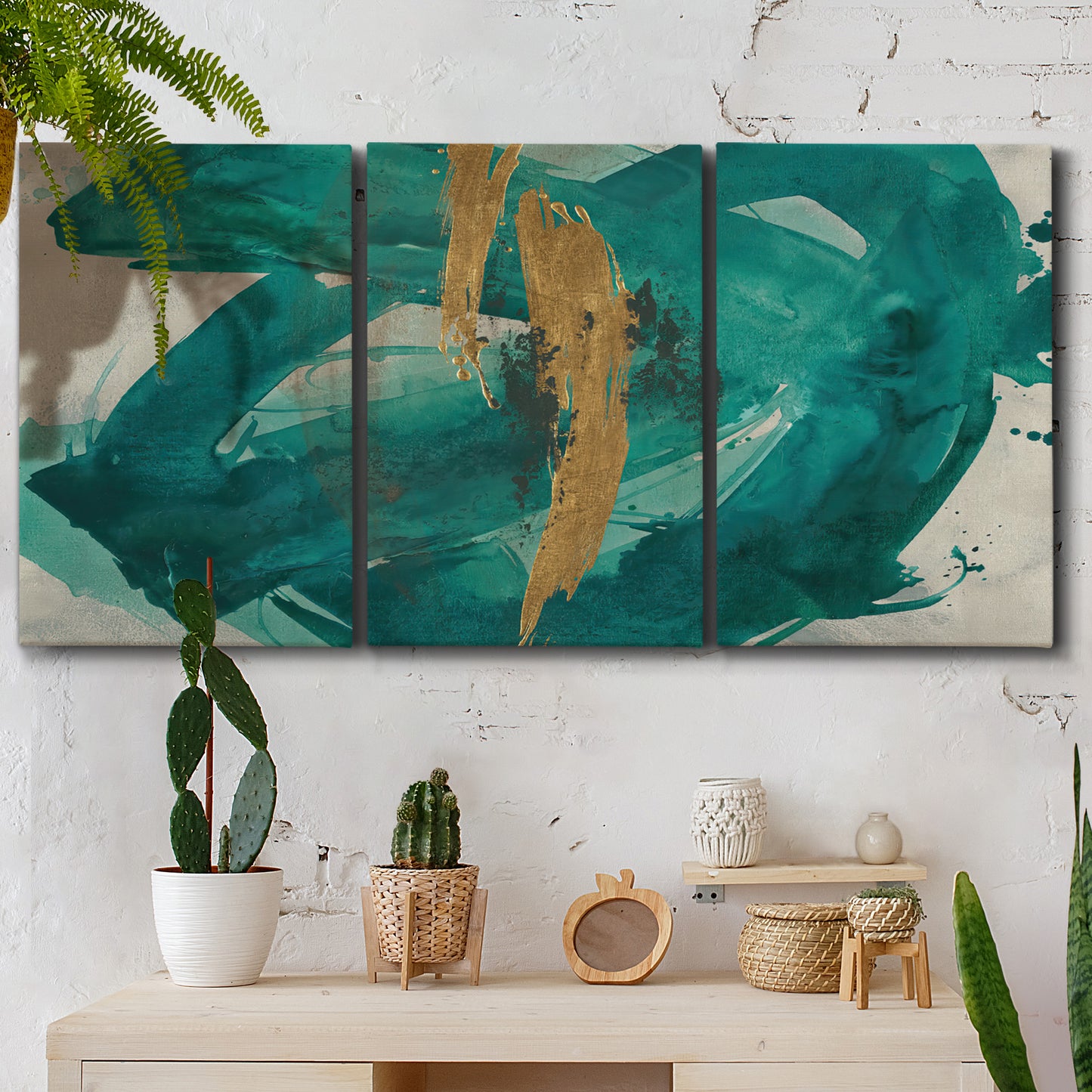 Three-panel canvas wall art featuring interconnected abstract flowing forms, displayed in a boho-chic entryway above a console table.