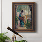 Impressionist portrait of Madame Monet sewing by Claude Monet in an ornate bronzed mahogany wood frame displayed in a light-toned interior setting.