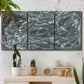 Three-panel canvas wall art featuring abstract view through window forms, displayed in a boho-chic entryway above a console table.