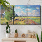Three-panel canvas wall art featuring sunlit meadow landscape, displayed in a boho-chic entryway above a console table.