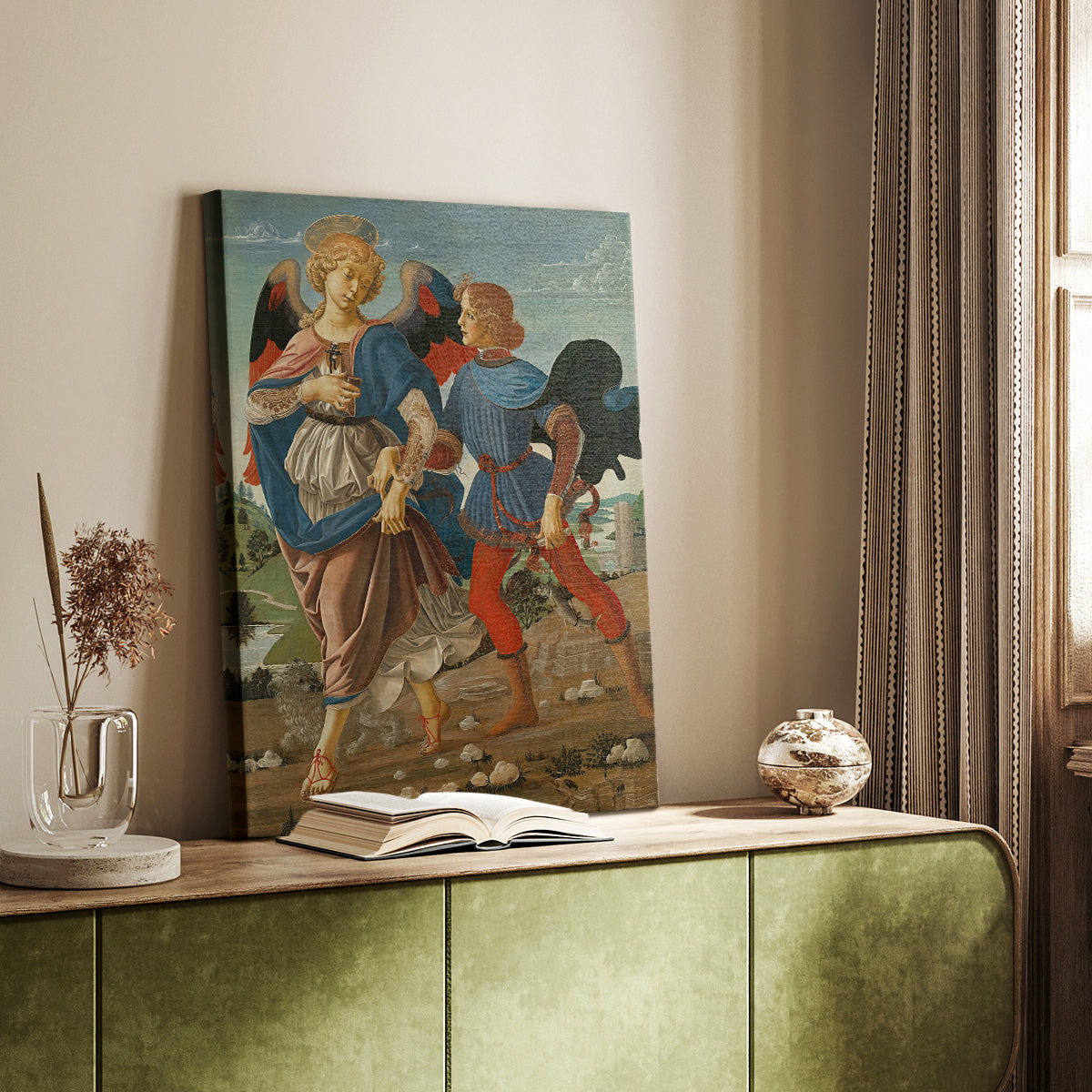 Canvas art print of a balanced composition with figures and natural setting styled in a home decor setting.