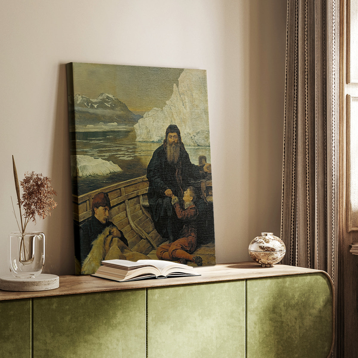 Canvas art print of a dramatic composition with figures and open water styled in a home decor setting.