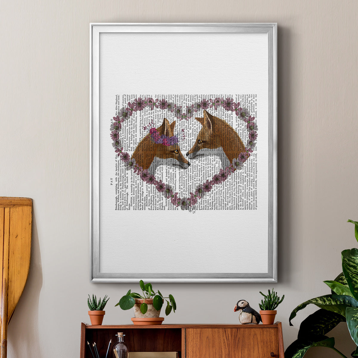 Foxes in Flowers - Modern Framed Canvas Print