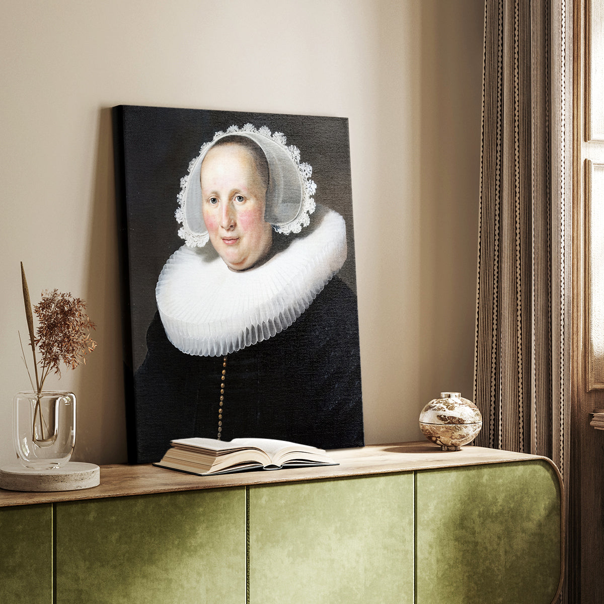 Canvas art print of a refined female figure with subtle shading and calm expression styled in a home decor setting.