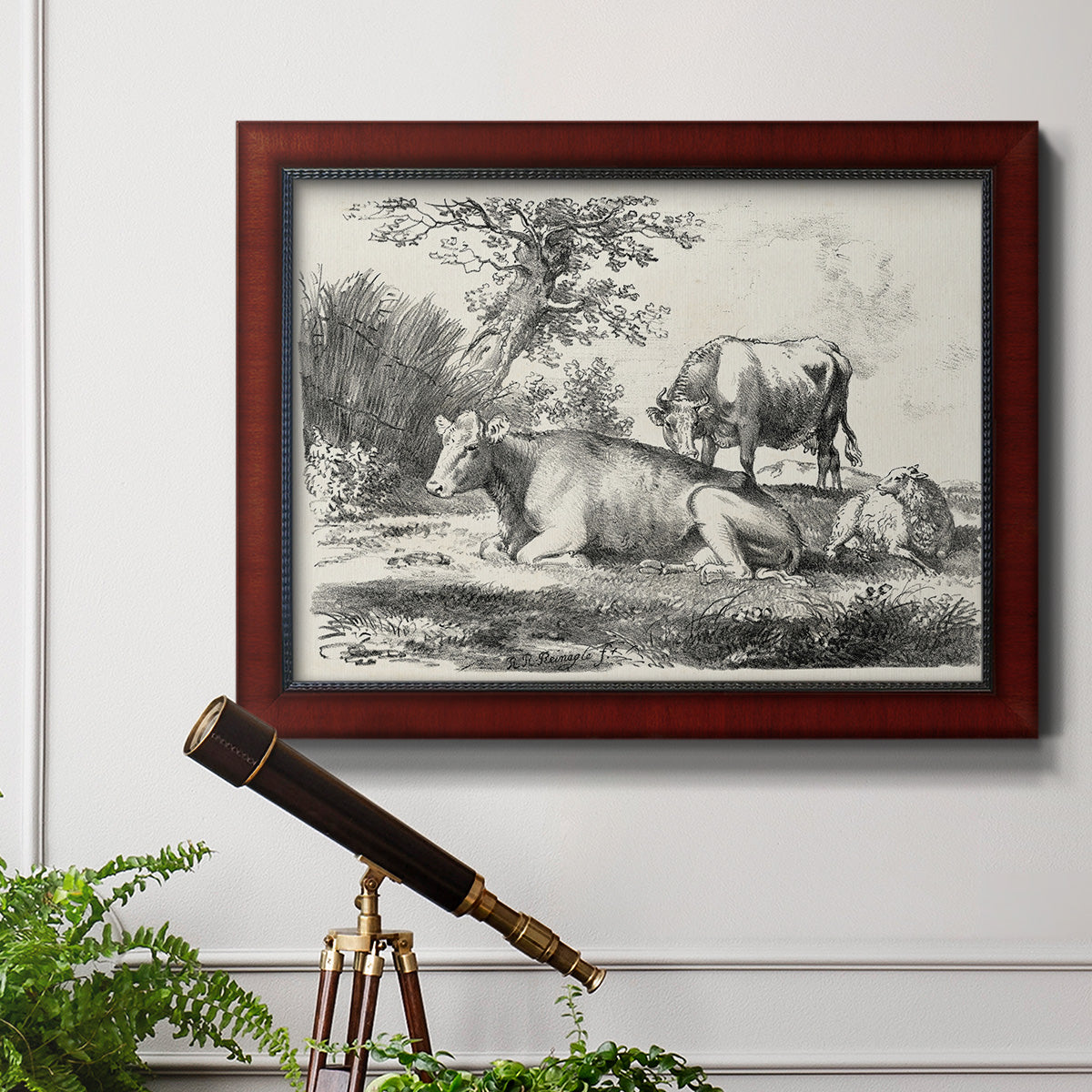 Classical pastoral landscape artwork by Nicolas Berchem in an ornate cherry burl wood frame displayed in a light-toned interior setting.