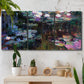 Three-panel canvas wall art featuring water lilies with willow reflections, displayed in a boho-chic entryway above a console table.
