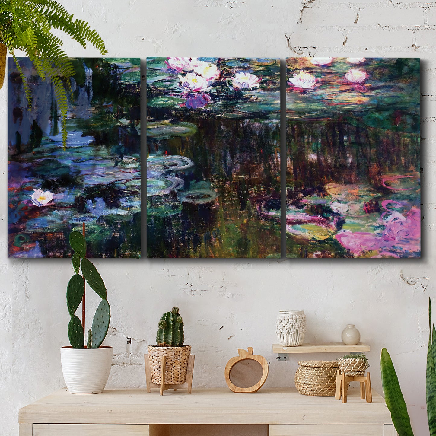 Three-panel canvas wall art featuring water lilies with willow reflections, displayed in a boho-chic entryway above a console table.