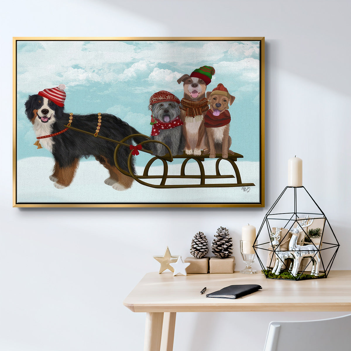Christmas Mutt Sled - Floater Framed Canvas Print
