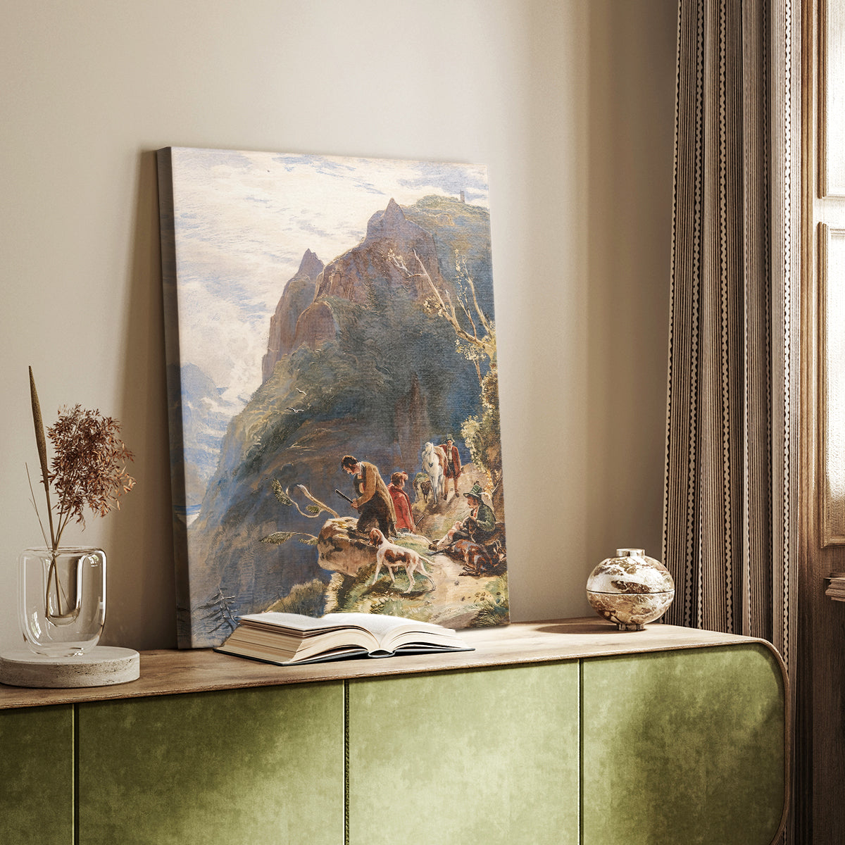 Canvas art print of a natural scene with figures in outdoor setting and soft tones styled in a home decor setting.
