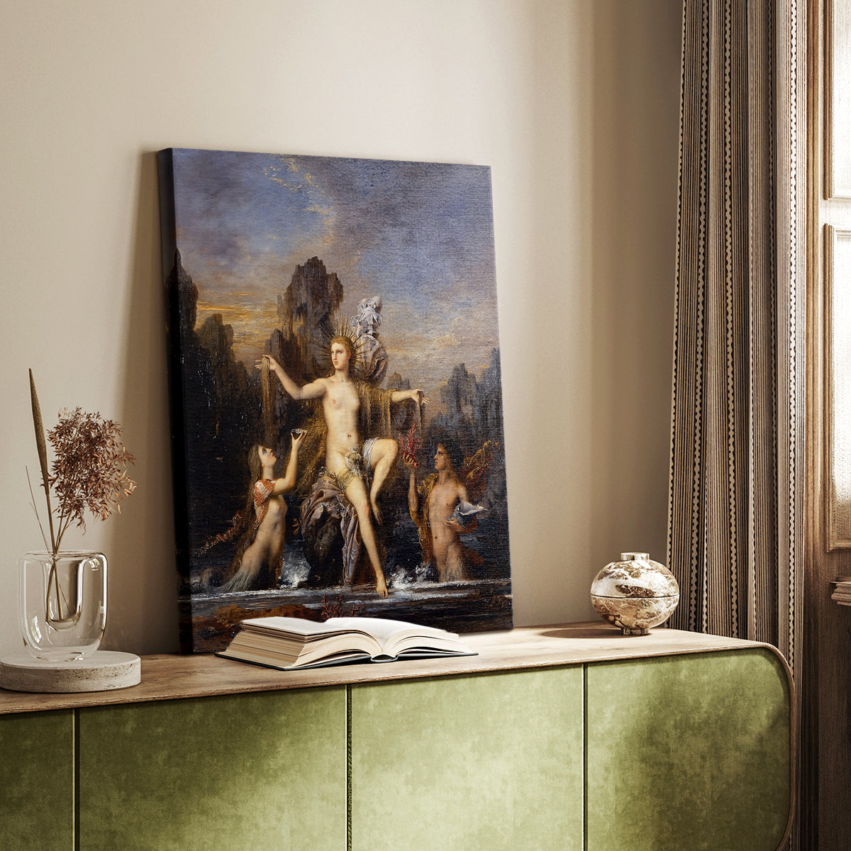 Canvas art print of a mythological composition with water and flowing forms styled in a home decor setting.