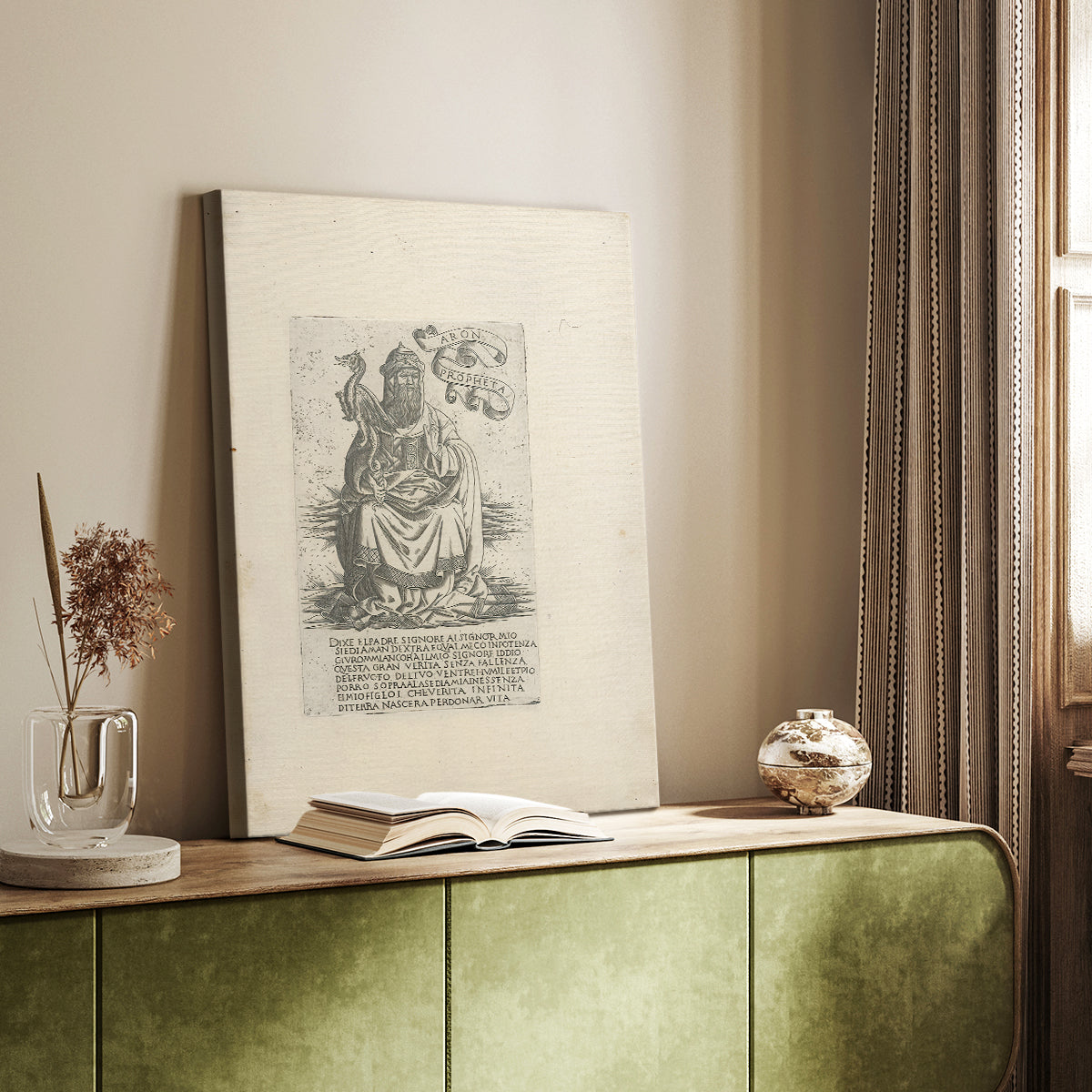 Canvas art print of a classical figure rendered in fine etched lines and simple background styled in a home decor setting.