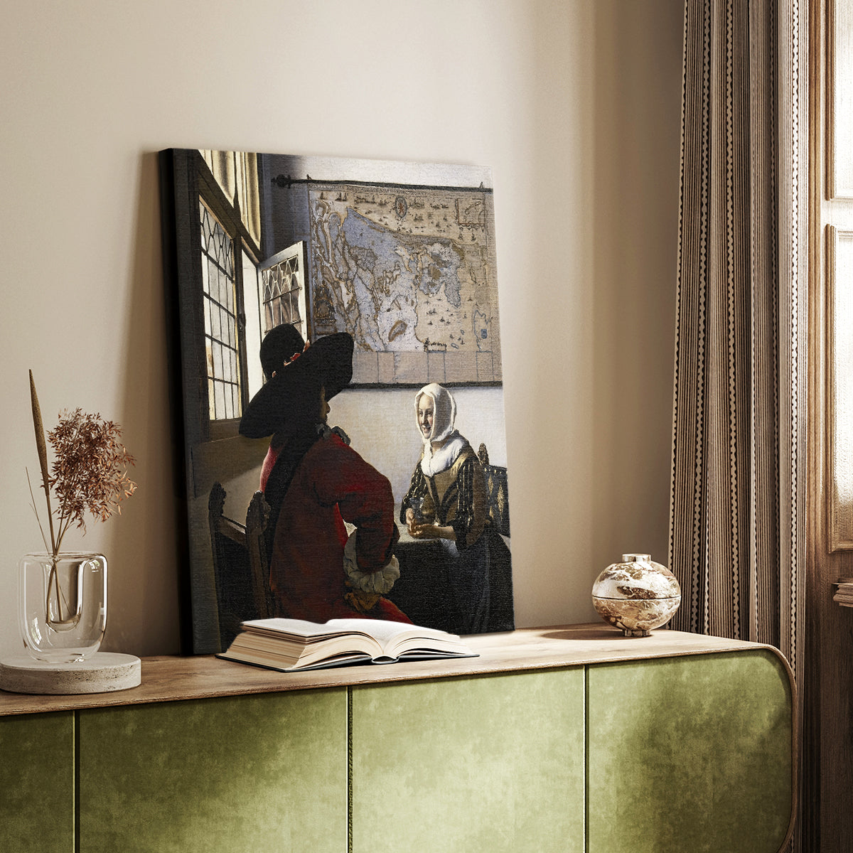 Canvas art print of a lively scene with figures and gentle contrast styled in a home decor setting.