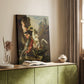 Canvas art print of a mythic battle scene with bold movement and color styled in a home decor setting.
