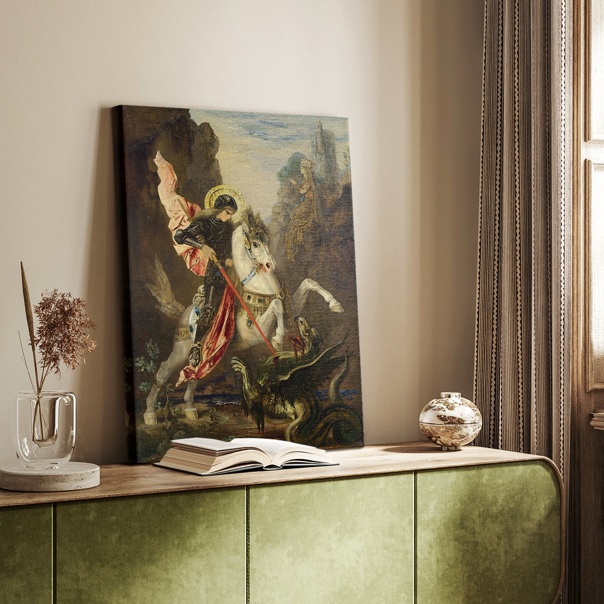 Canvas art print of a mythic battle scene with bold movement and color styled in a home decor setting.