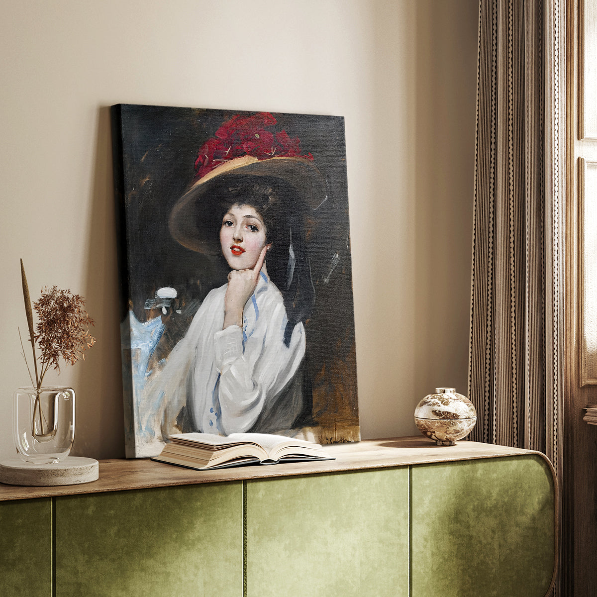 Canvas art print of a stylized figure with delicate features and gentle tones styled in a home decor setting.