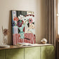 Canvas art print of a stylized figure with floral elements and vivid tones styled in a home decor setting.