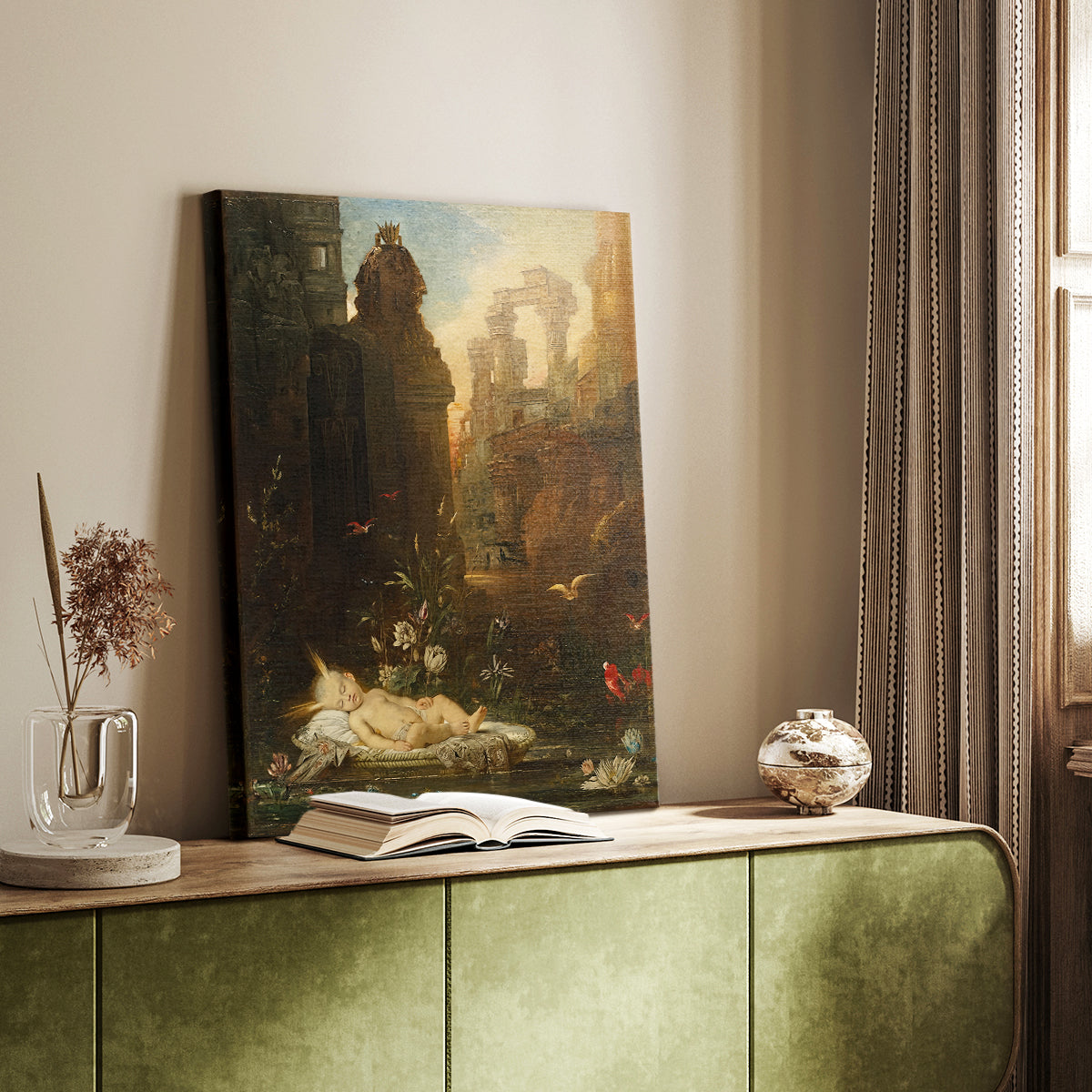 Canvas art print of a biblical composition with gentle tones and calm figures styled in a home decor setting.