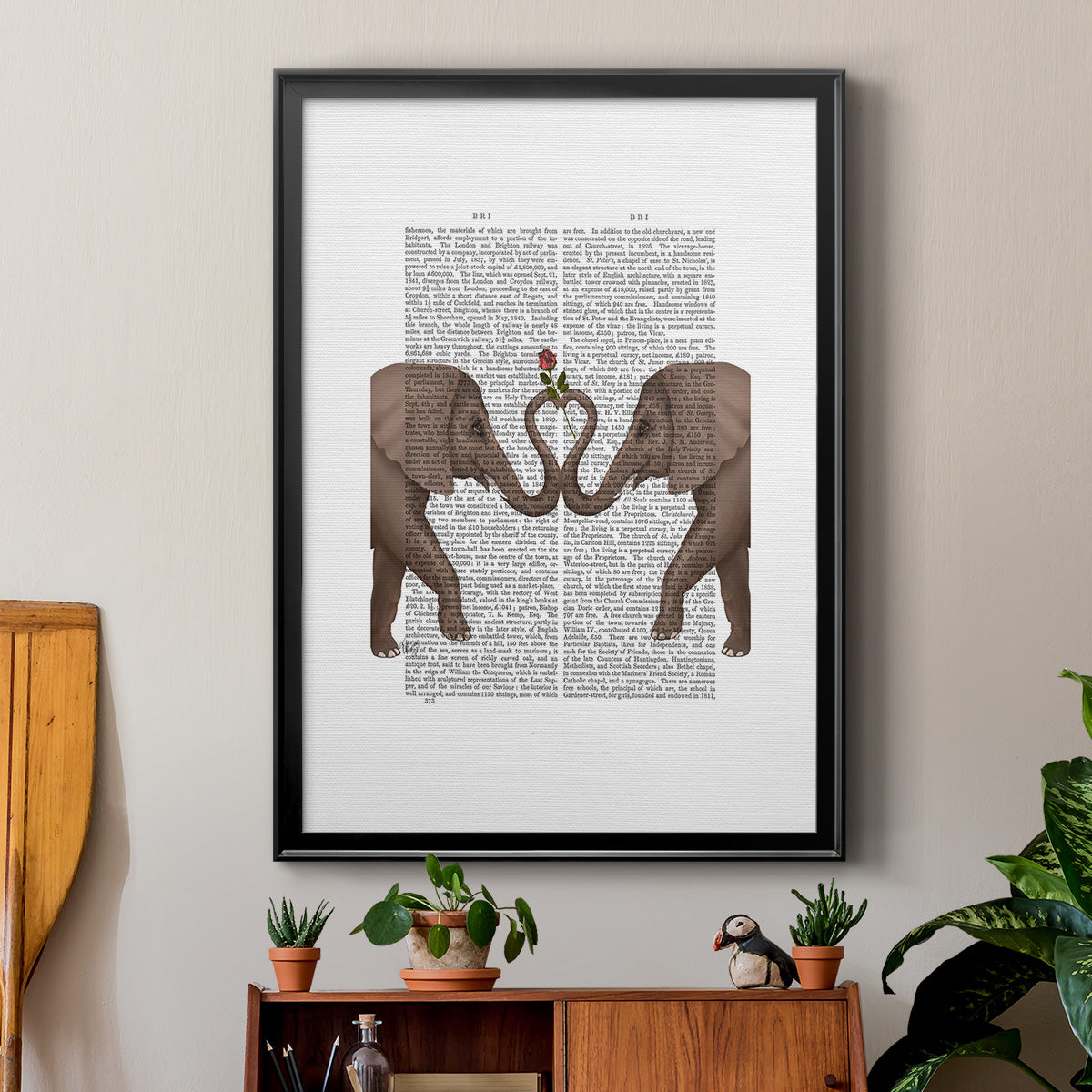 Elephants Heart and Rose - Modern Framed Canvas Print