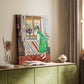 Canvas art print of a stylized figure with patterned surroundings and vivid color styled in a home decor setting.