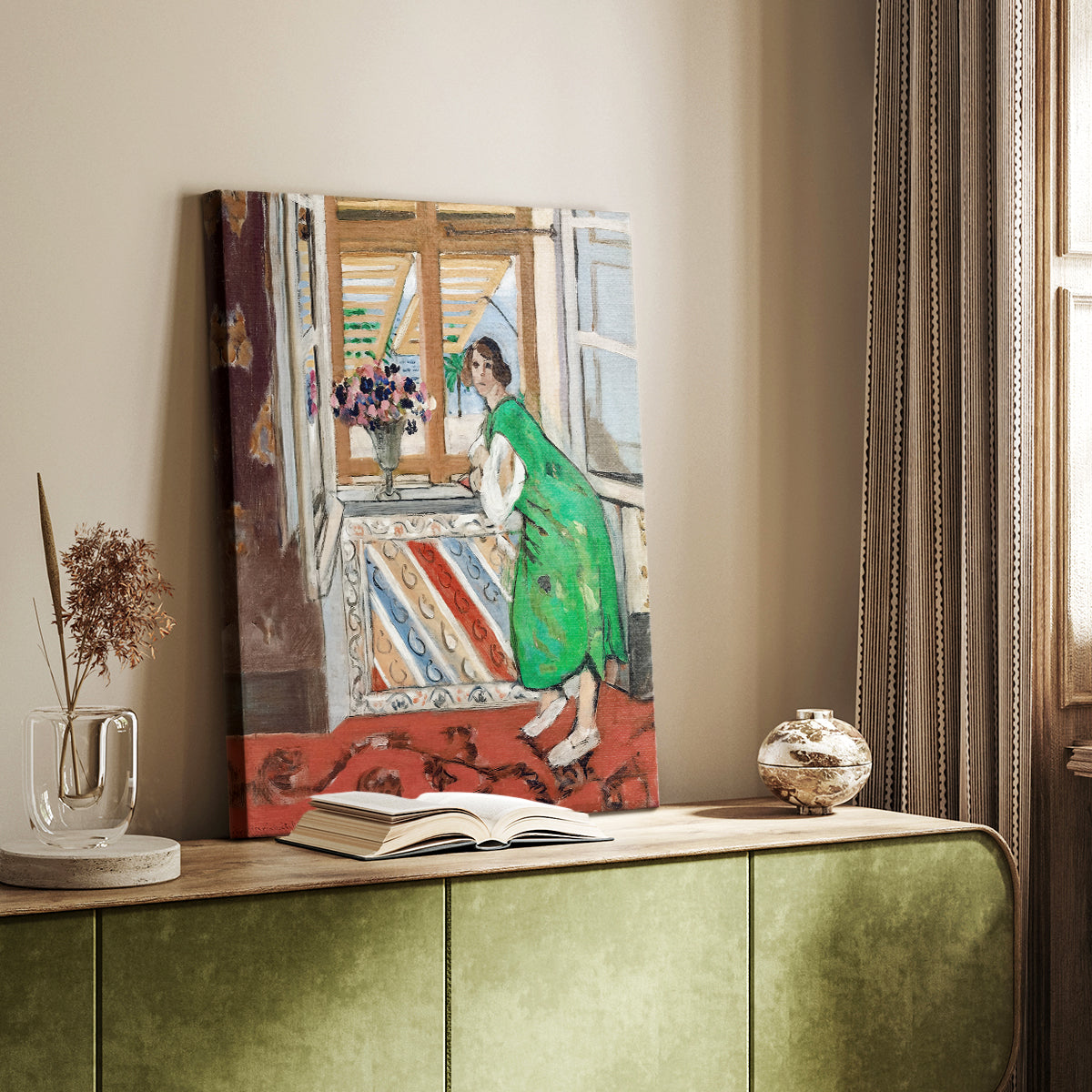 Canvas art print of a stylized figure with patterned surroundings and vivid color styled in a home decor setting.