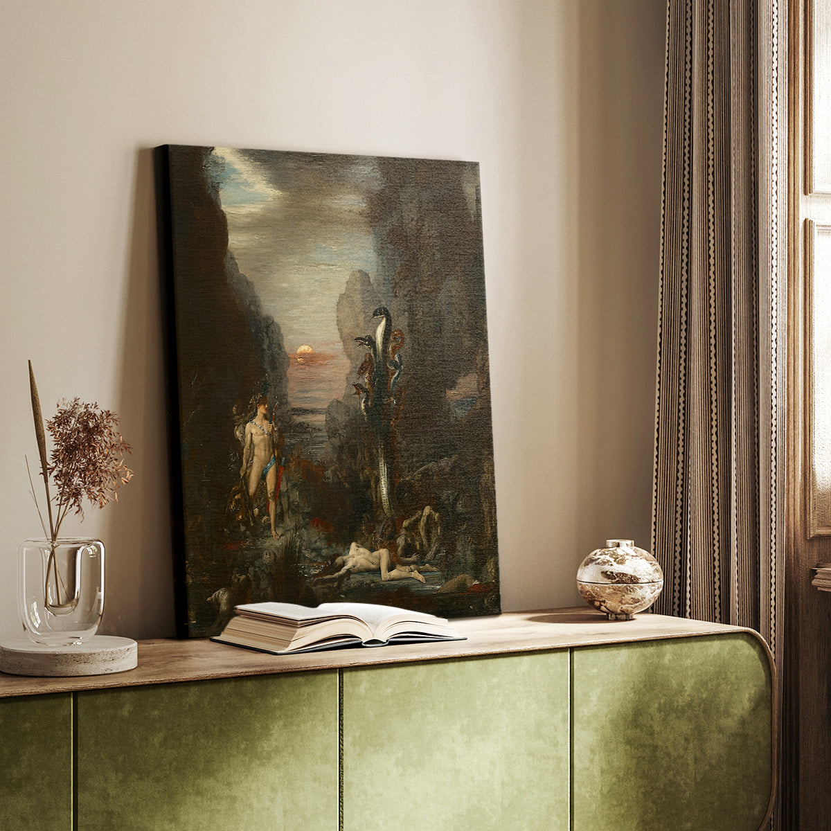 Canvas art print of a mythic struggle with dynamic forms and strong contrast styled in a home decor setting.