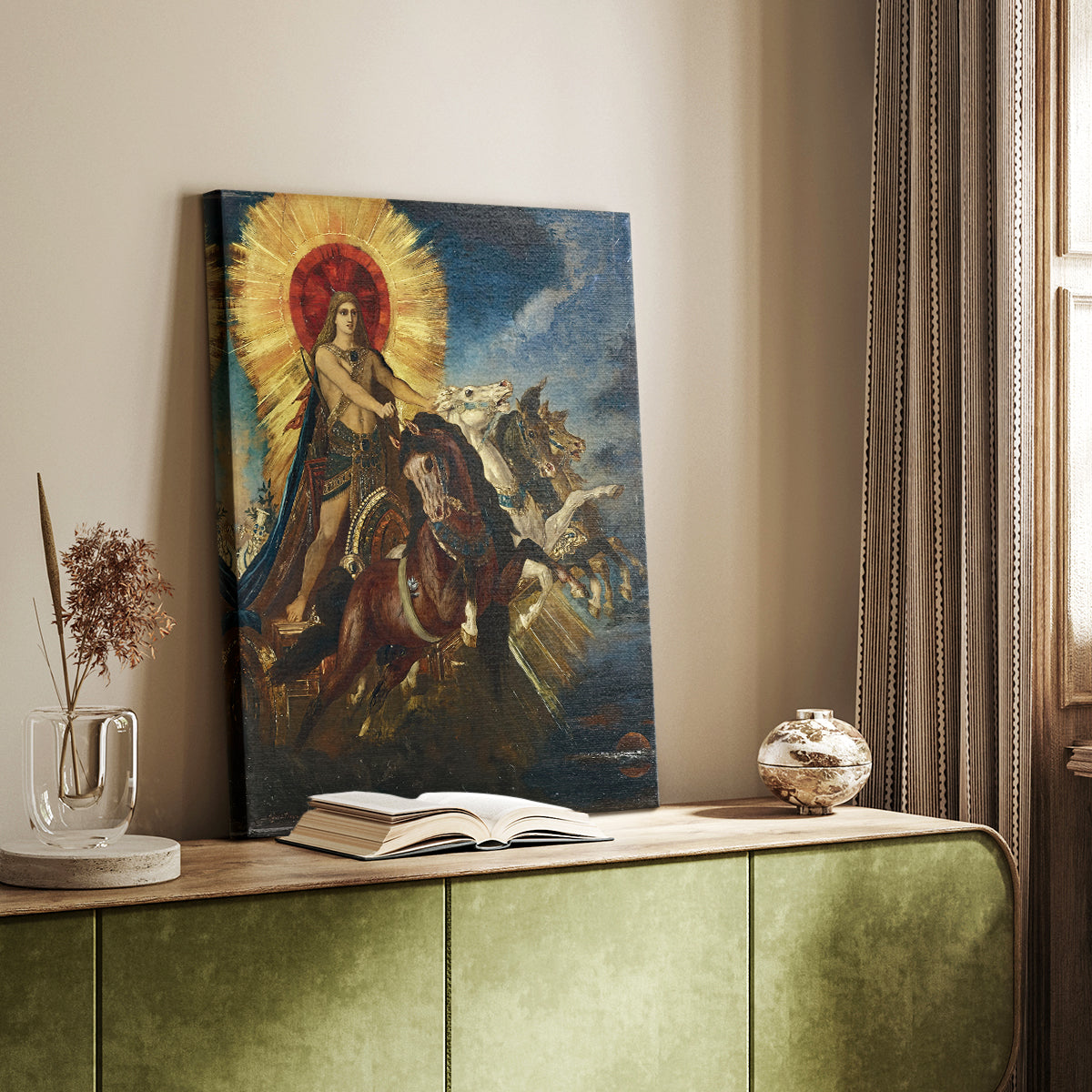 Canvas art print of a mythological composition with movement and bright tones styled in a home decor setting.