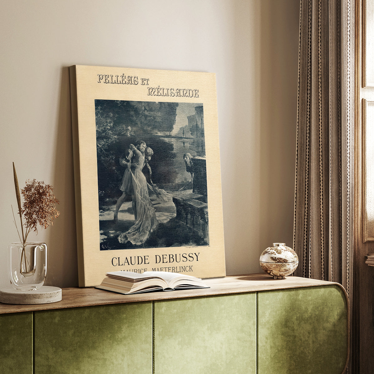 Canvas art print of a stylized composition with narrative imagery and soft tones styled in a home decor setting.