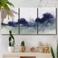 Three-panel canvas wall art featuring misty abstract lake watercolor, displayed in a boho-chic entryway above a console table.