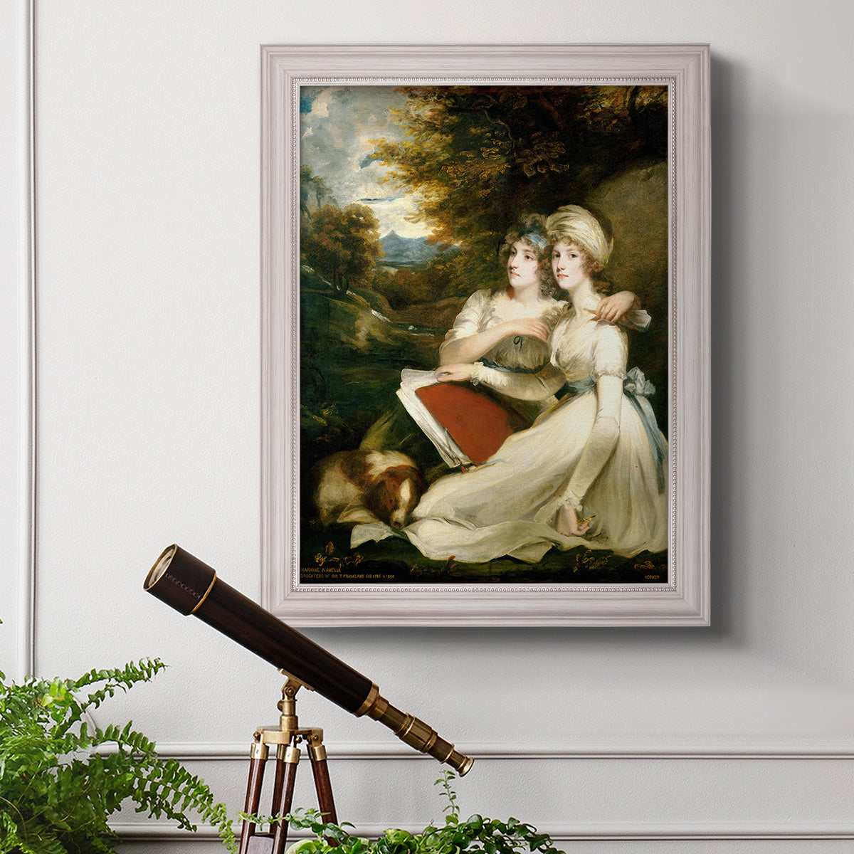 Classical portrait of the Frankland sisters by John Hoppner in an ornate weathered white frame displayed in a light-toned interior setting.