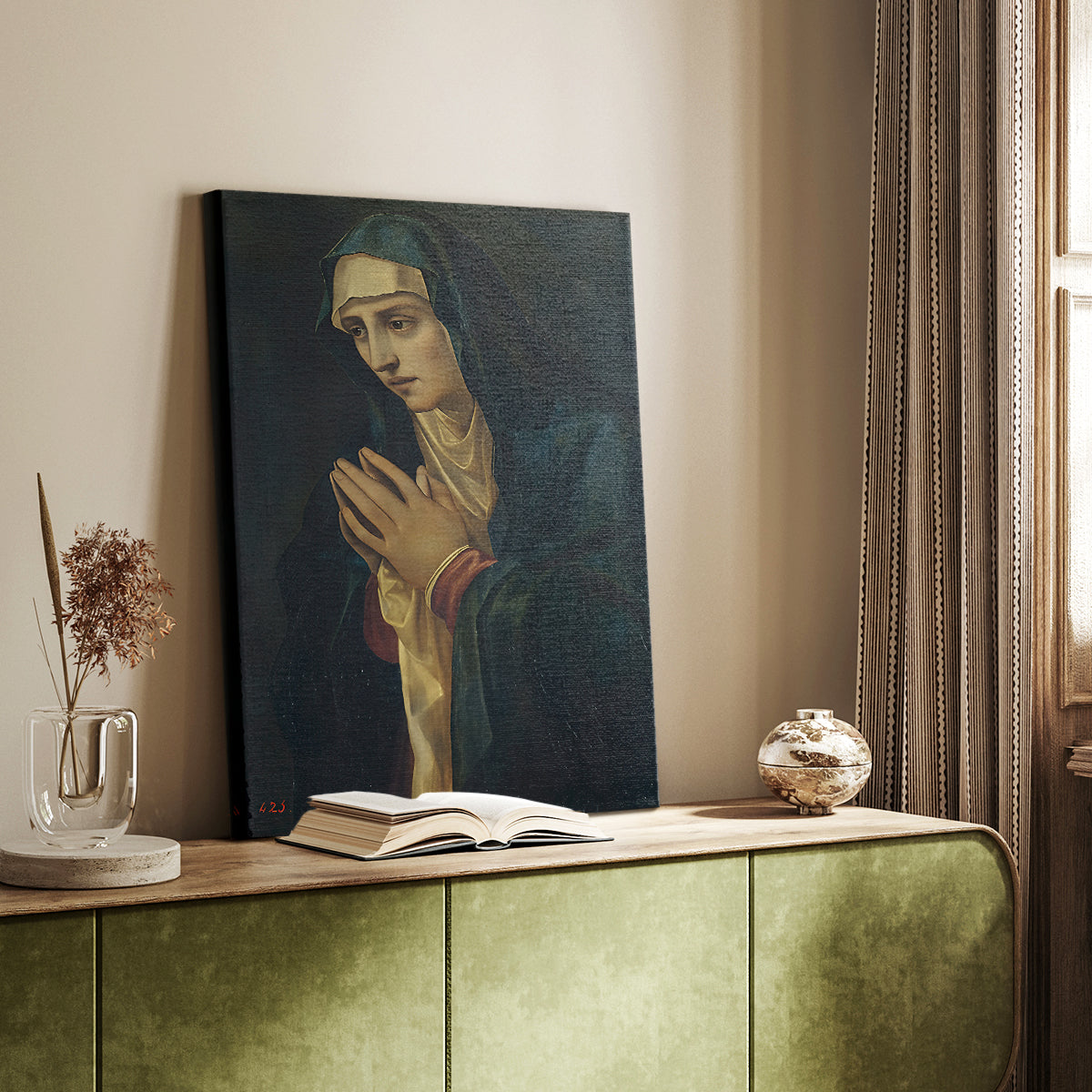 Canvas art print of a serene figure with gentle tones and calm expression styled in a home decor setting.