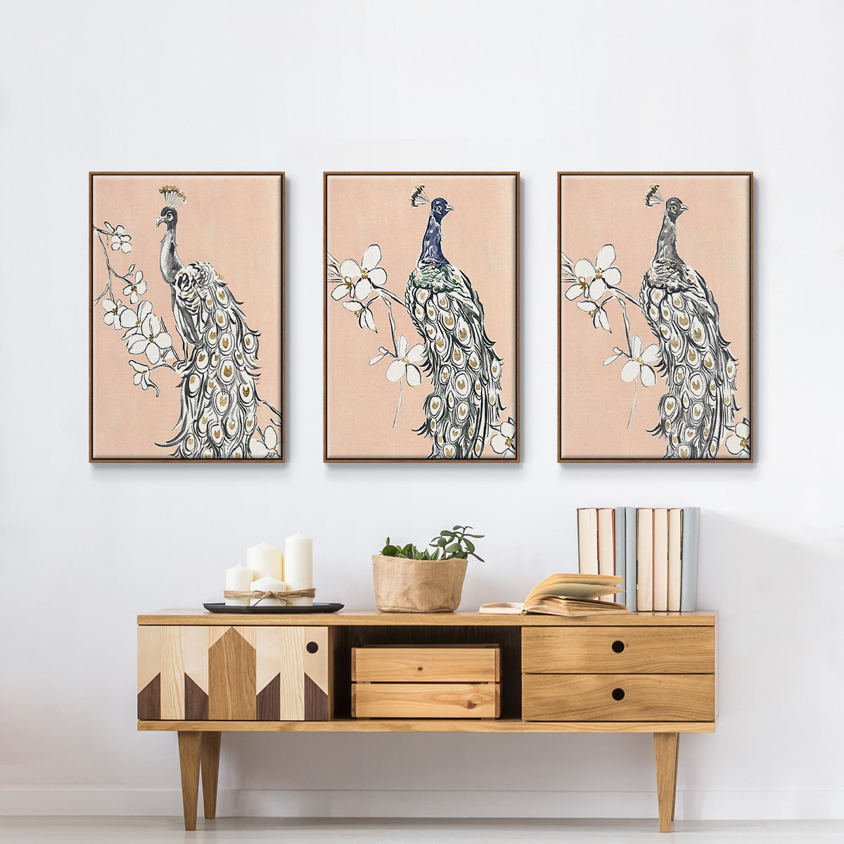 Peacock in Gold I - Framed Premium Gallery Wrapped Canvas L Frame 3 Piece Set - Ready to Hang