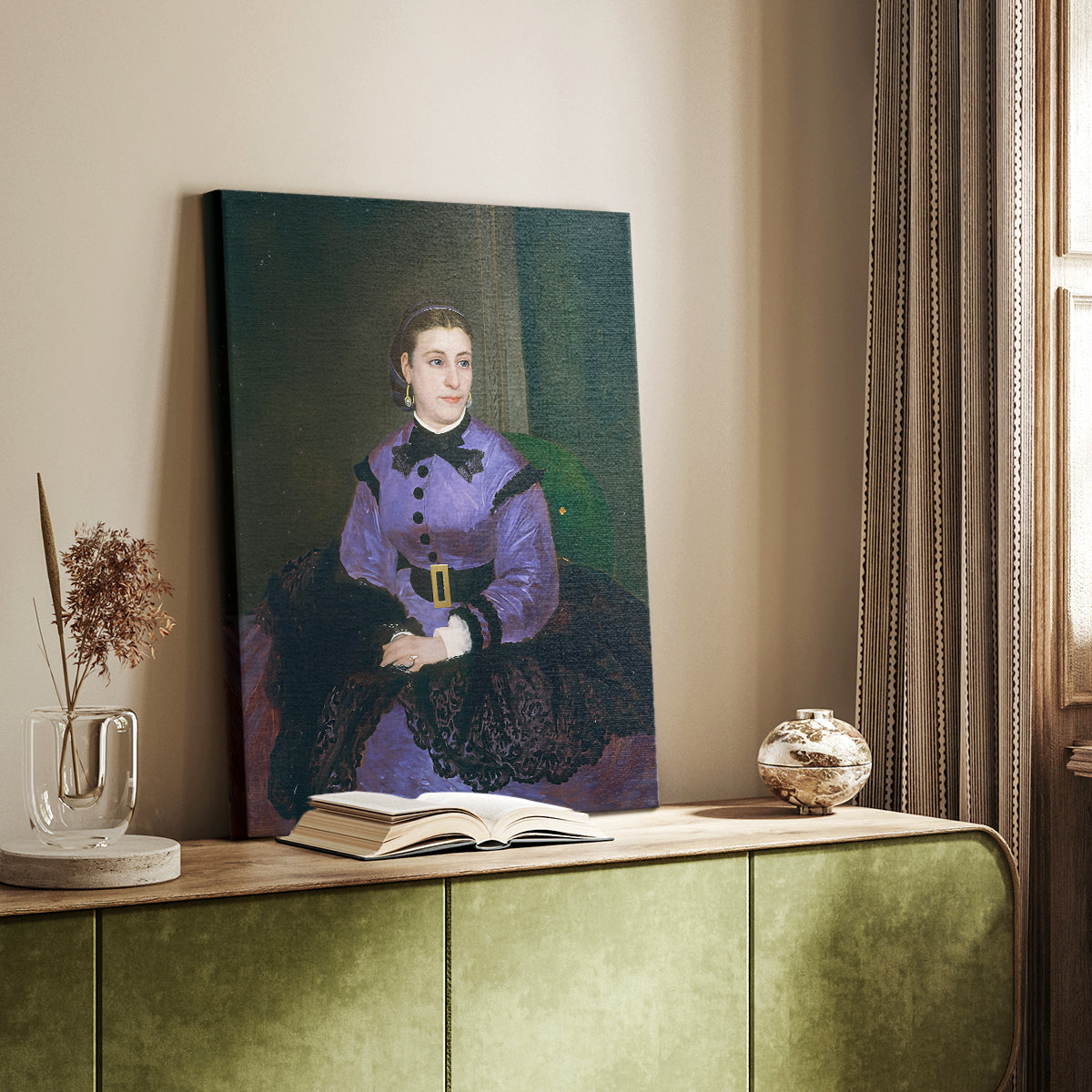 Canvas art print of a delicate portrait with smooth brushwork and gentle expression styled in a home decor setting.