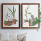Set of two maple barnwood framed canvas prints depicting curious felines, terracotta pots, succulents, and leafy stems arranged across two complementary compositions above a sofa in a bright living space.