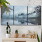 Three-panel canvas wall art featuring calm waters at sunrise photograph, displayed in a boho-chic entryway above a console table.
