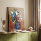 Canvas art print of a floral composition with vivid yet muted color transitions styled in a home decor setting.