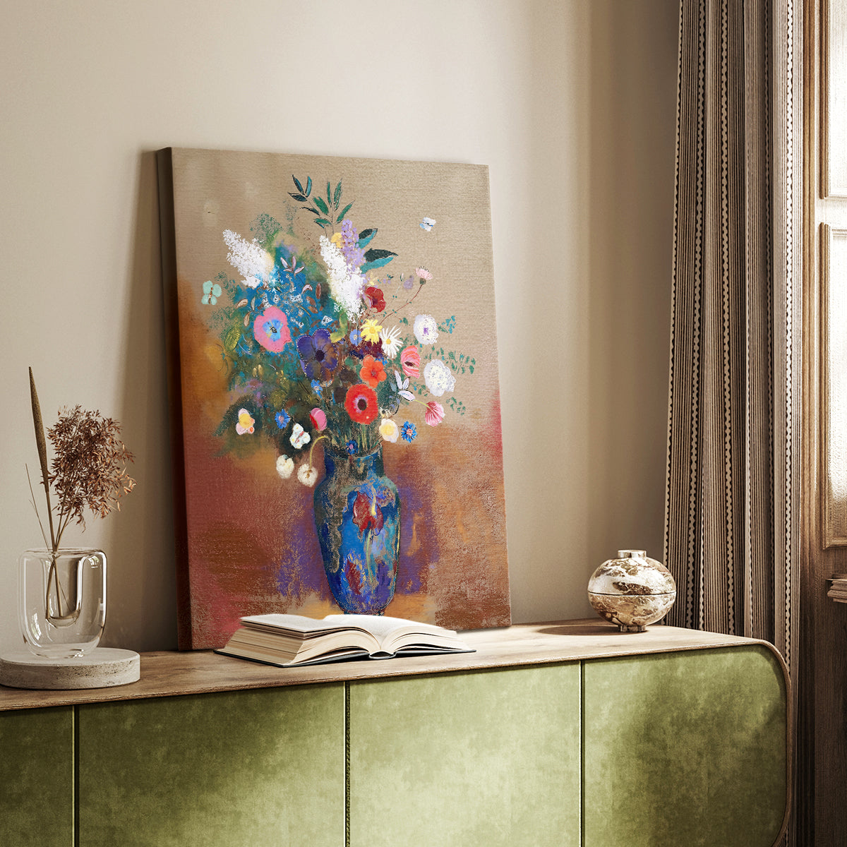 Canvas art print of a floral composition with vivid yet muted color transitions styled in a home decor setting.