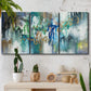 Three-panel canvas wall art featuring joyful abstract color harmony, displayed in a boho-chic entryway above a console table.