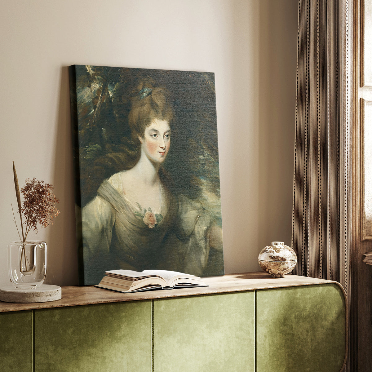 Canvas art print of a composed female figure with delicate tones and calm expression styled in a home decor setting.