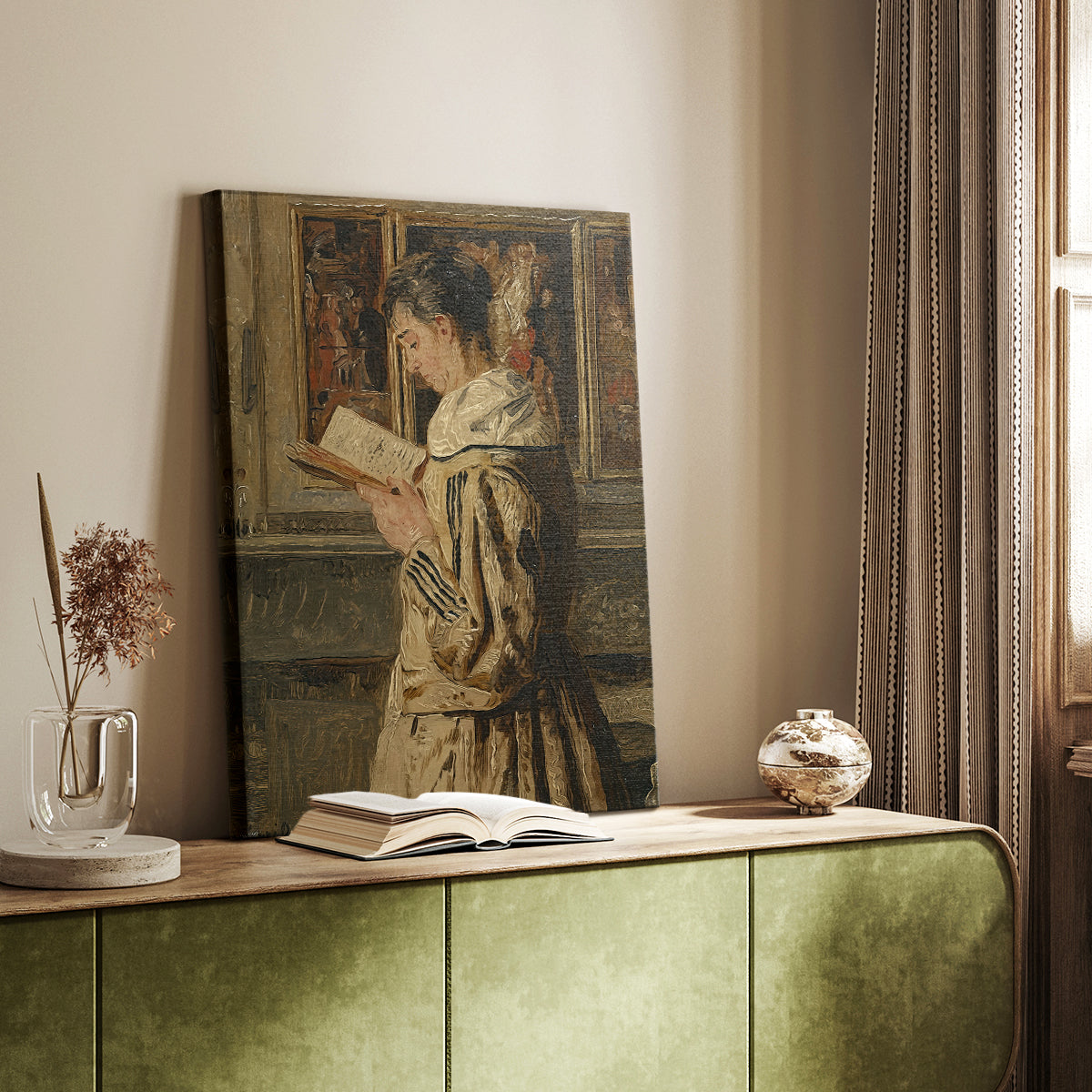 Canvas art print of a quiet room with a figure absorbed in a book styled in a home decor setting.