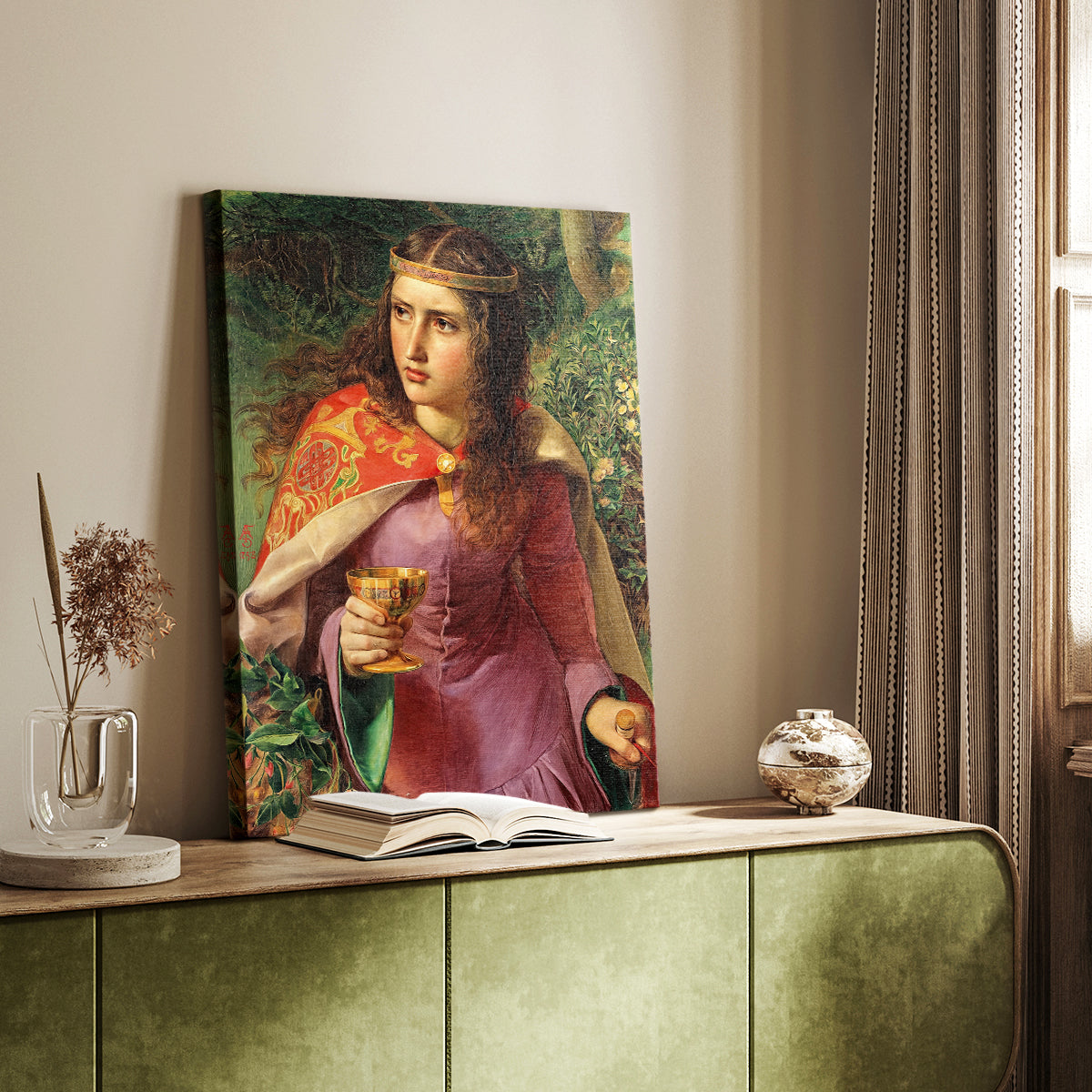 Canvas art print of a regal figure with detailed garments and strong presence styled in a home decor setting.