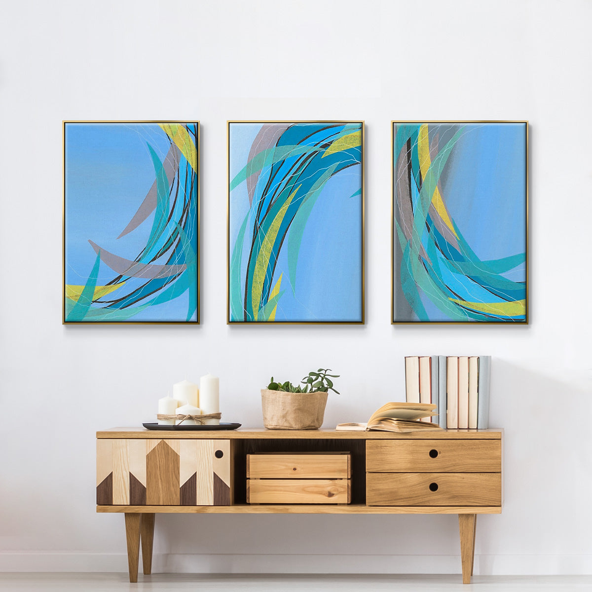 Circulating Flow I - Framed Premium Gallery Wrapped Canvas L Frame 3 Piece Set - Ready to Hang