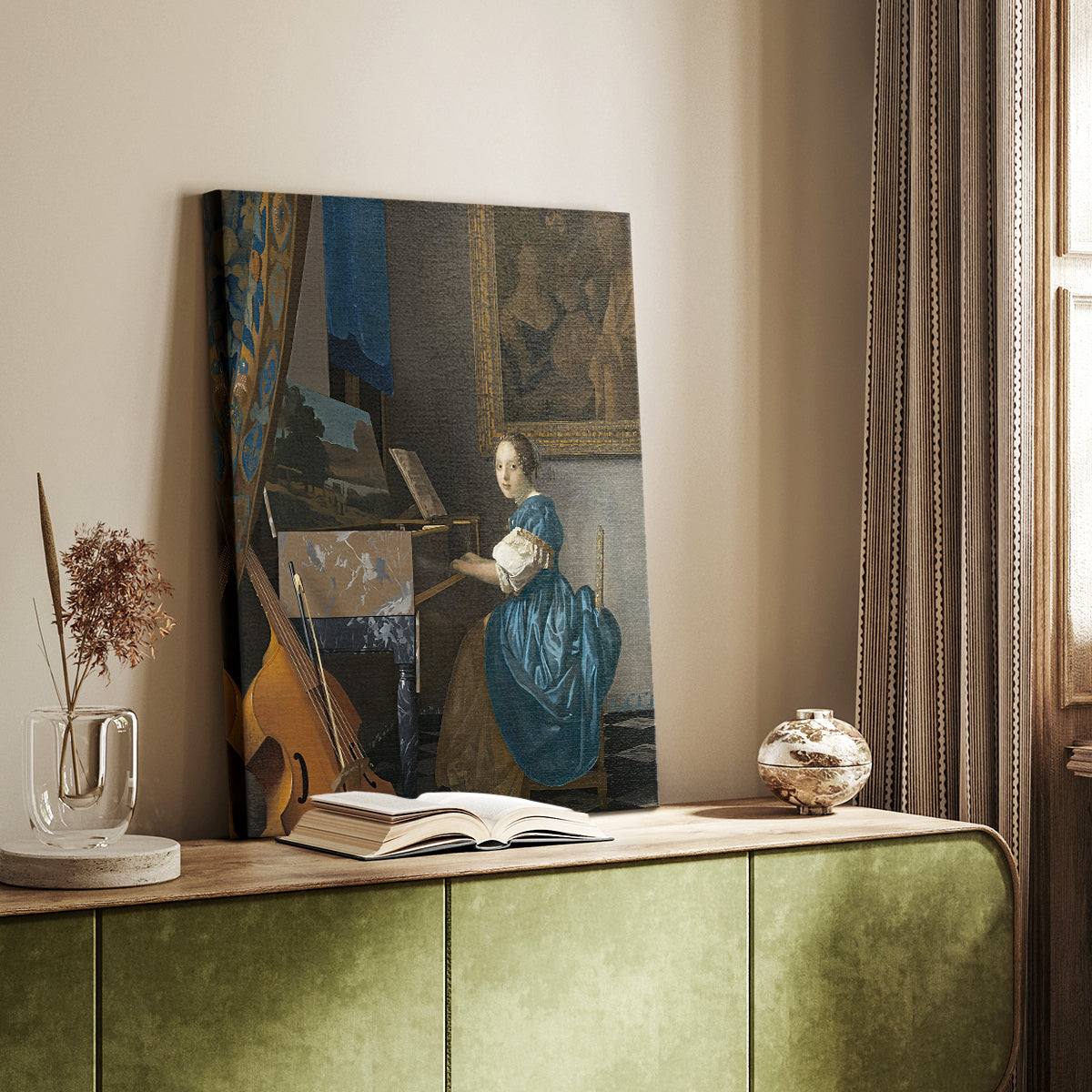 Canvas art print of a musical scene with refined detail and calm atmosphere styled in a home decor setting.