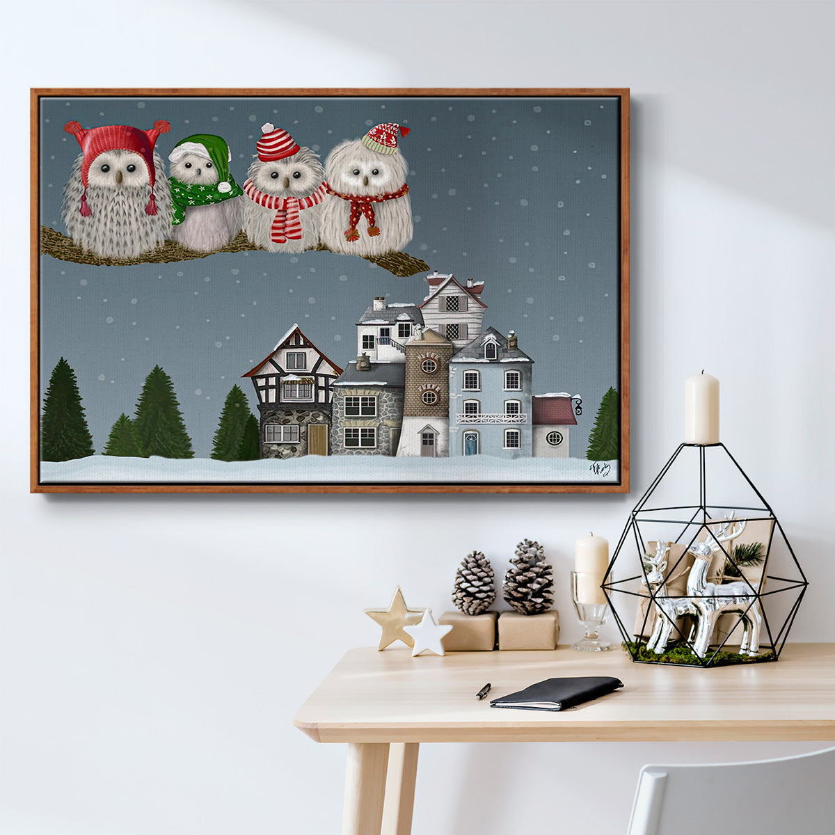 Christmas Christmas Owl Village - Framed Gallery Wrapped Canvas in Floating Frame