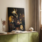 Canvas art print of a religious composition with multiple figures and soft illumination styled in a home decor setting.