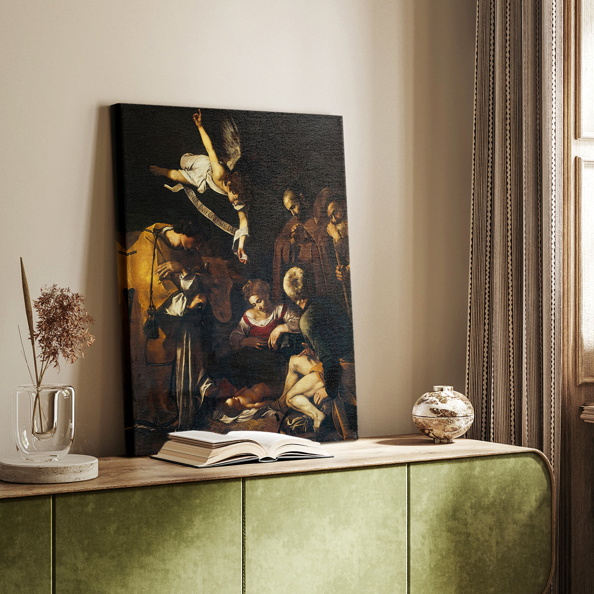 Canvas art print of a religious composition with multiple figures and soft illumination styled in a home decor setting.